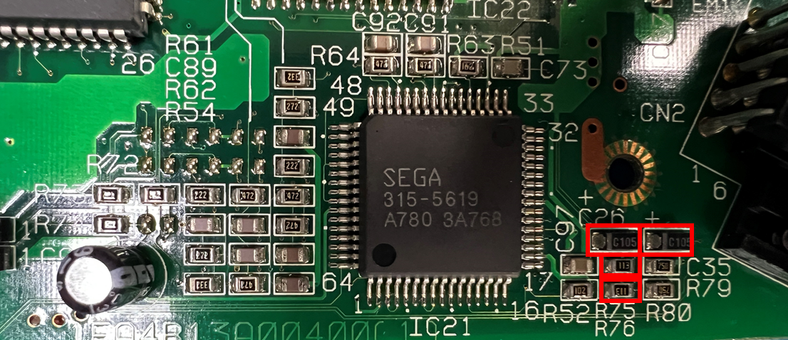 Composants de mixage audio cartouche vers CD/PCM à retirer, avec R75 et R76 à remplacer